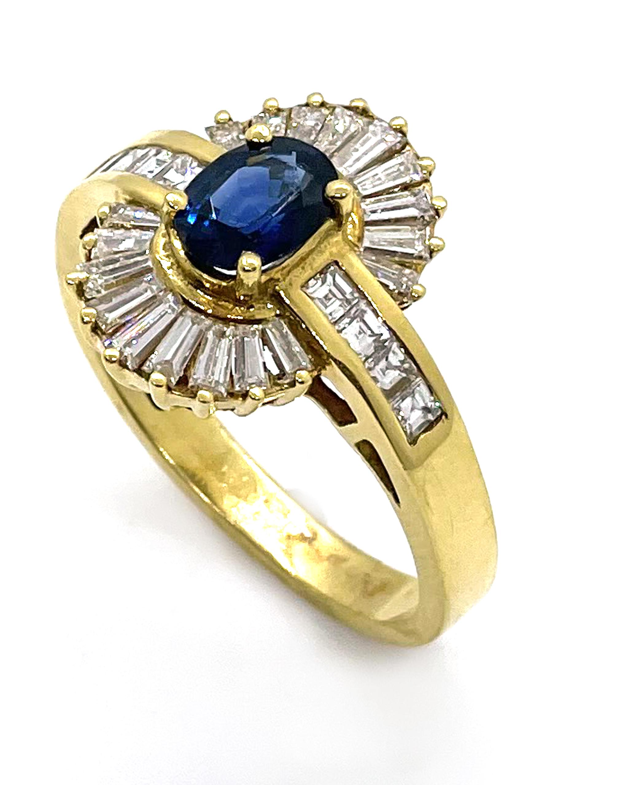 Retro Vintage Sapphire Ring with Baguette Diamonds Set in 18k Gold, Circa 1985 For Sale
