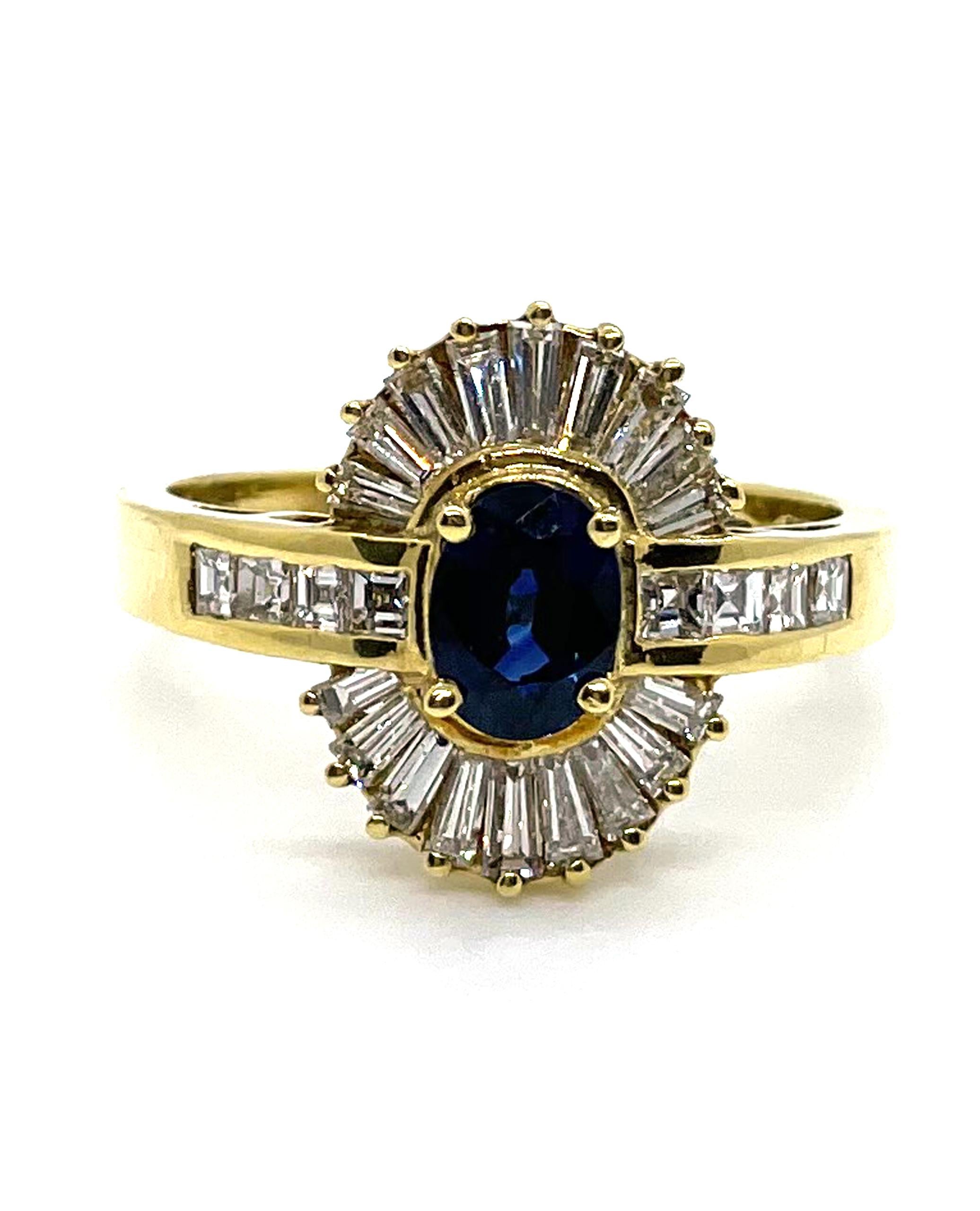 Baguette Cut Vintage Sapphire Ring with Baguette Diamonds Set in 18k Gold, Circa 1985 For Sale