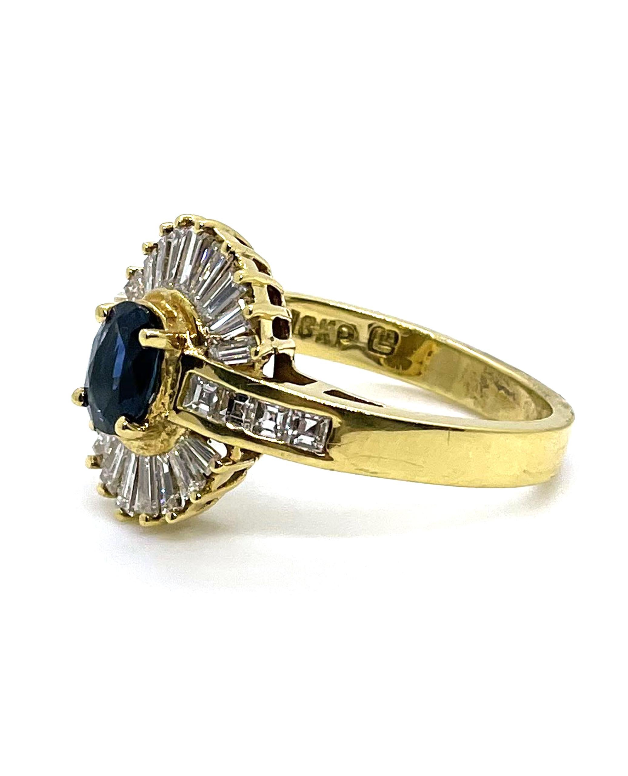 Vintage Sapphire Ring with Baguette Diamonds Set in 18k Gold, Circa 1985 In Good Condition For Sale In Old Tappan, NJ