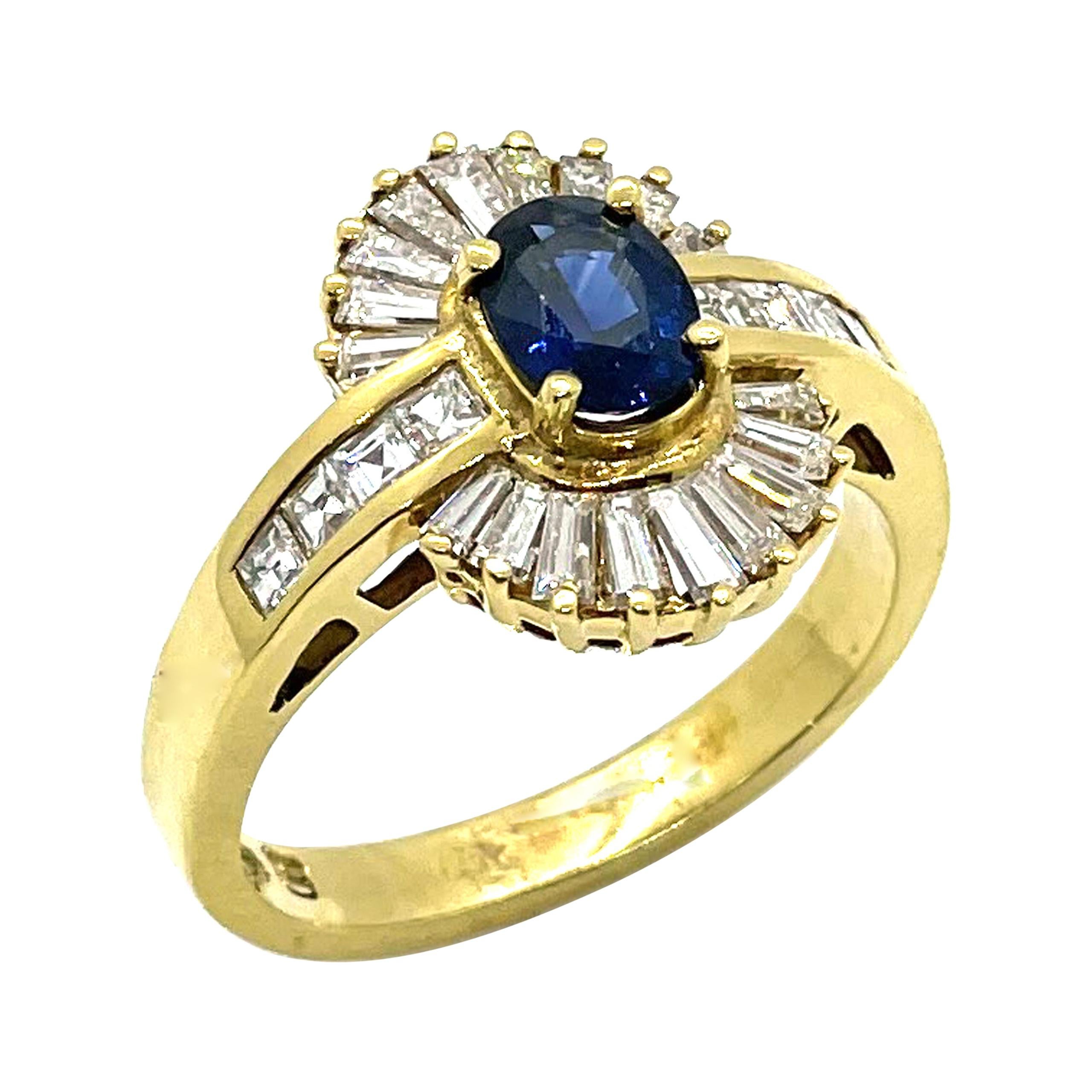 Vintage Round Sapphire Ring, Baguette & Asscher Cut Diamonds in 18k Yellow Gold