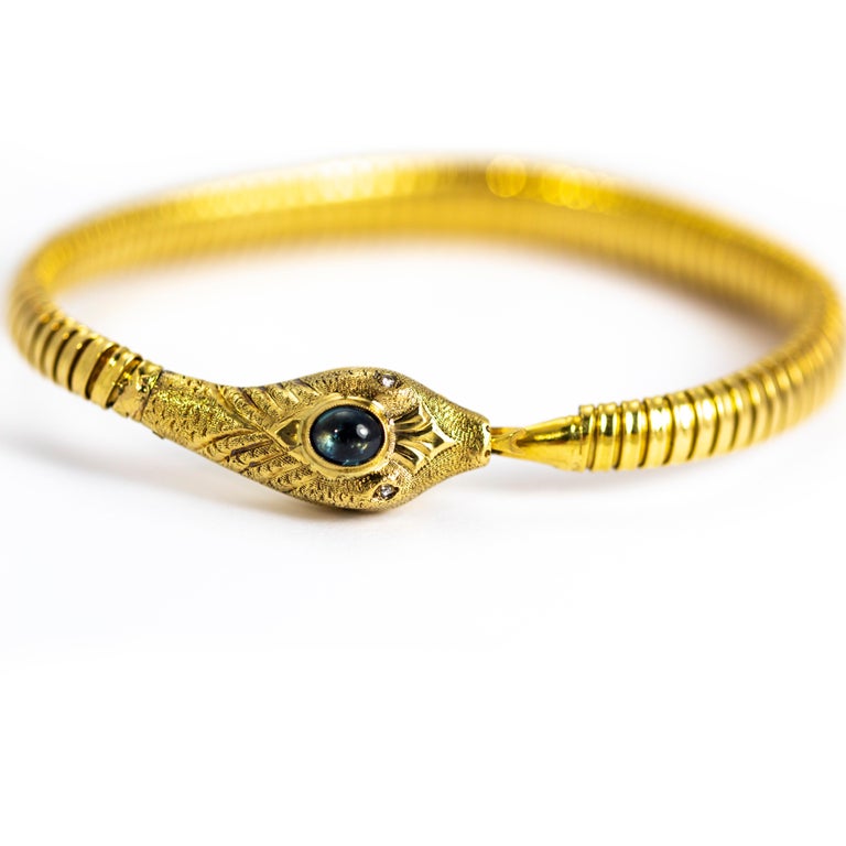 Vintage Sapphire, Rose Cut Diamond and 18 Carat Gold Snake Bracelet at