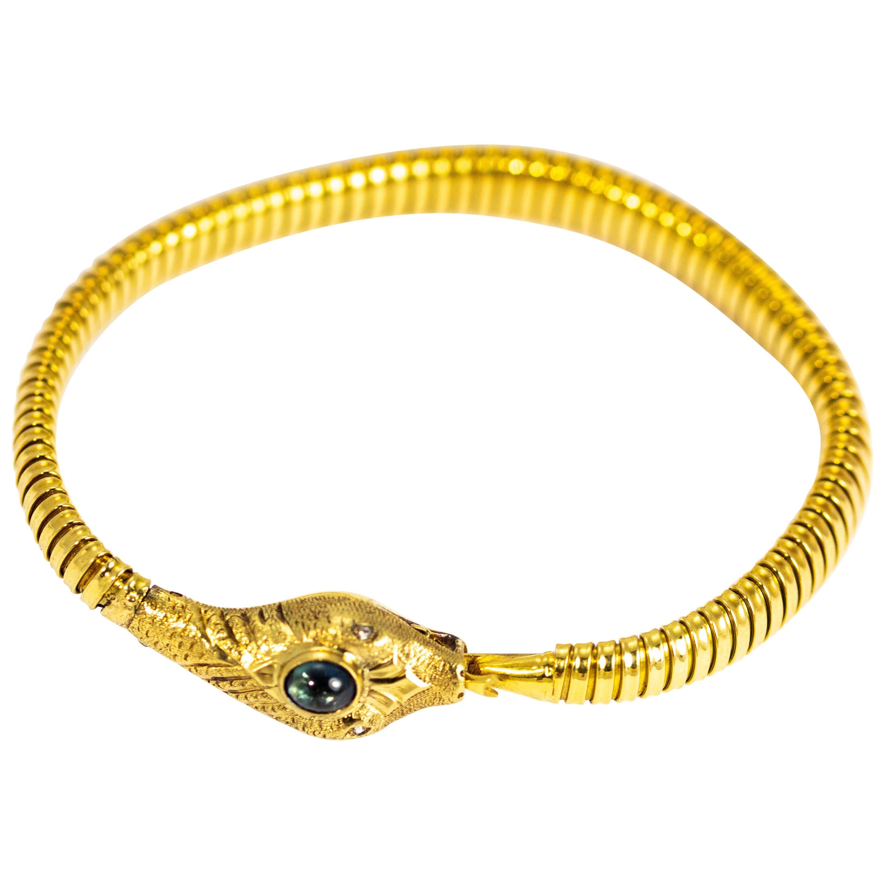 Vintage Sapphire, Rose Cut Diamond and 18 Carat Gold Snake Bracelet