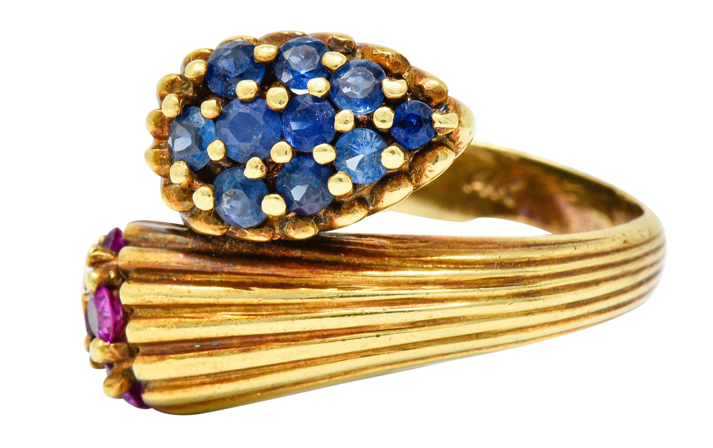 Women's or Men's Vintage Sapphire Ruby 14 Karat Gold Bypass Ring