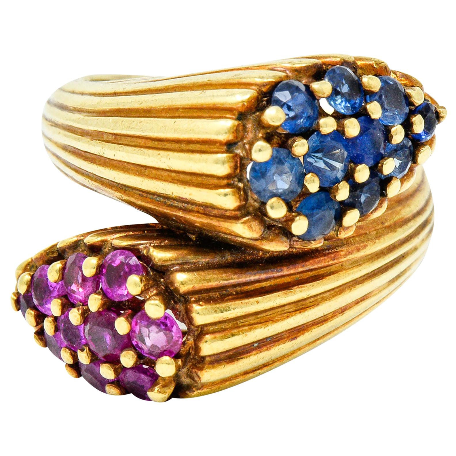 Vintage Sapphire Ruby 14 Karat Gold Bypass Ring