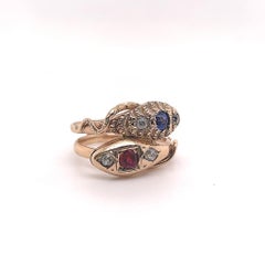 Vintage Sapphire Ruby 14 Karat Yellow Gold Snake Ring, Circa 1960