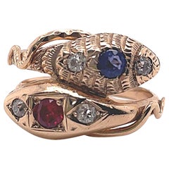 Vintage Sapphire Ruby 14 Karat Yellow Gold Snake Ring, Circa 1960
