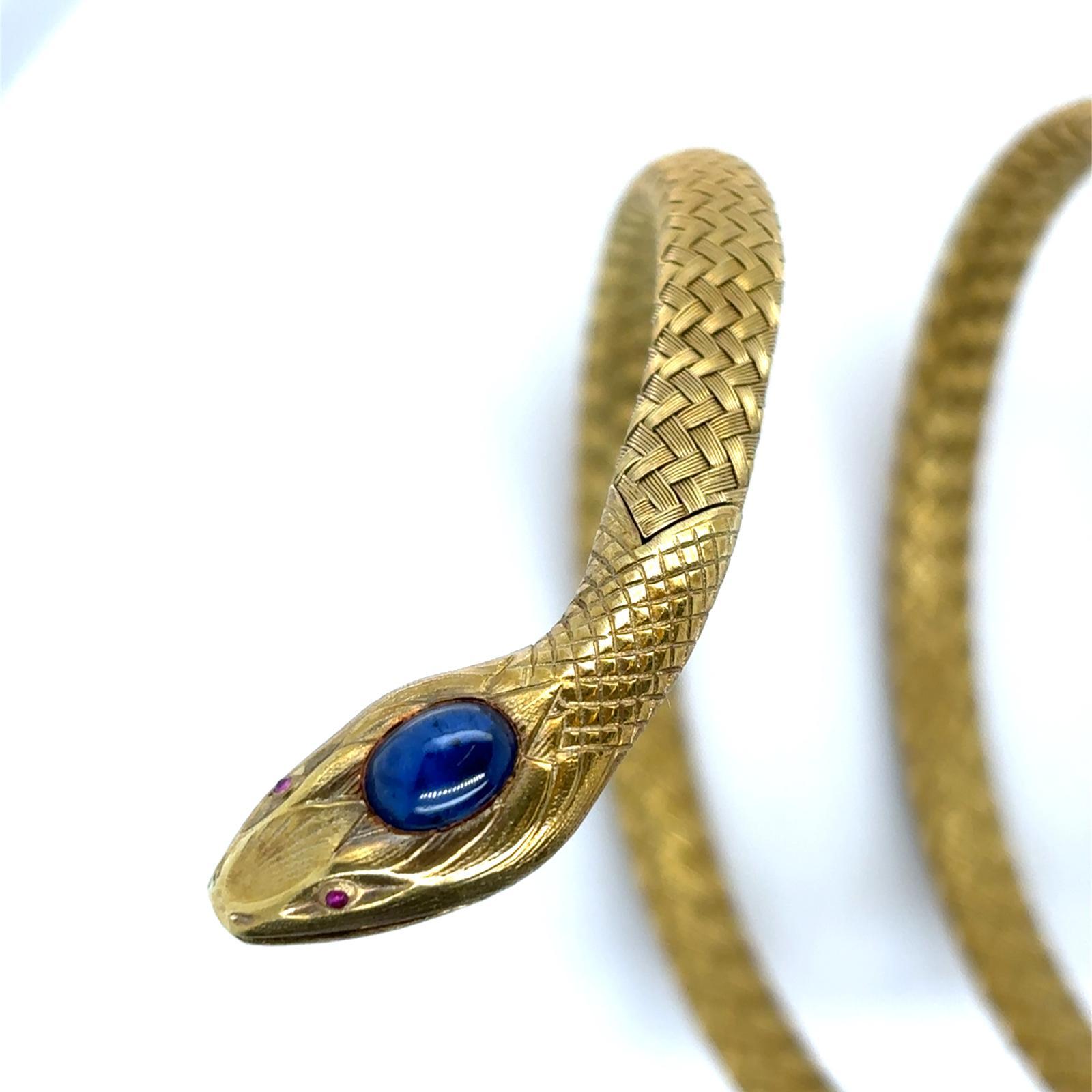 Vintage Sapphire Ruby 18 Karat Yellow Gold Snake Triple Coil Flexible Bracelet For Sale 4