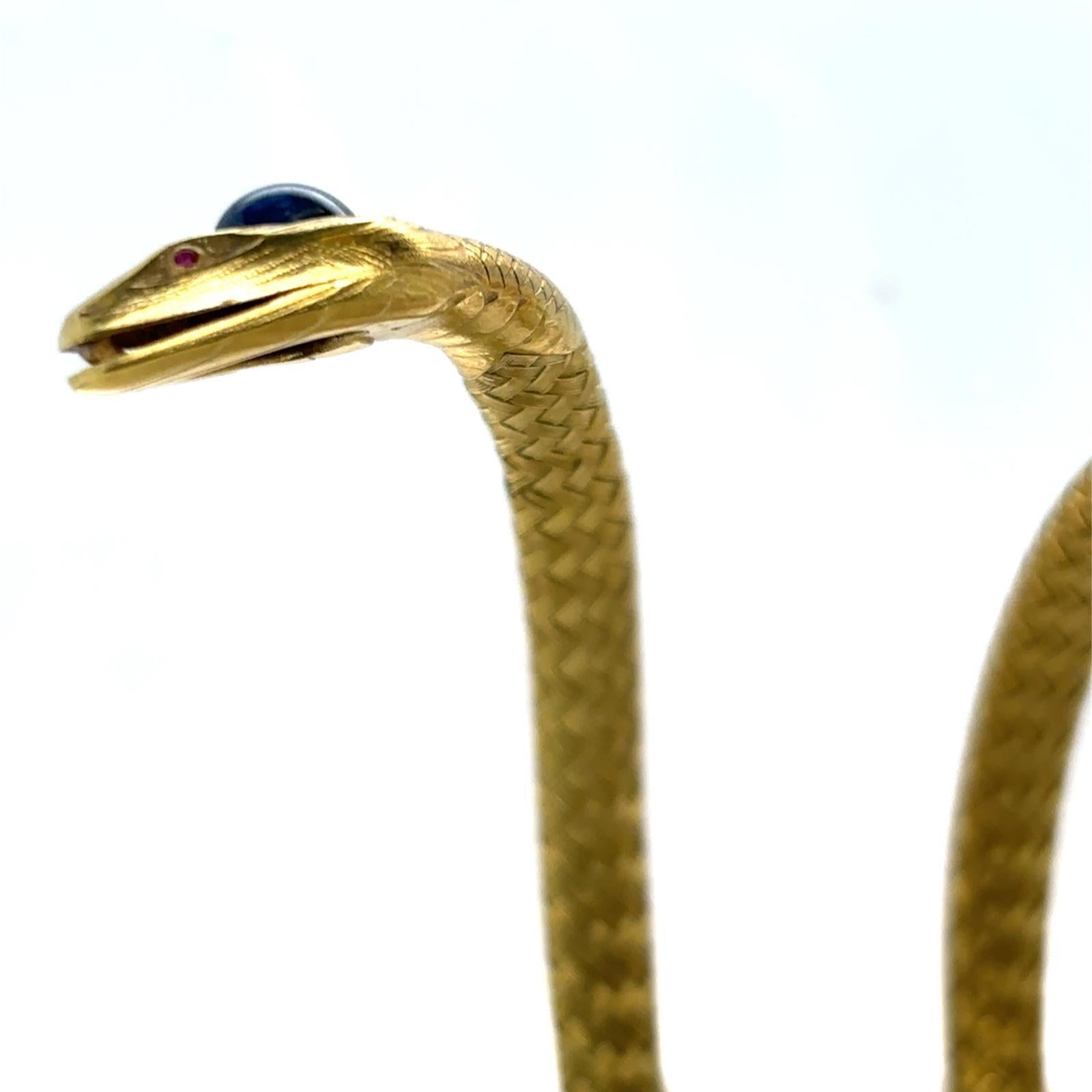 Vintage Sapphire Ruby 18 Karat Yellow Gold Snake Triple Coil Flexible Bracelet For Sale 6