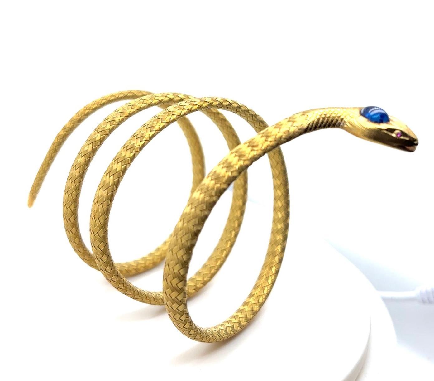 Victorian Vintage Sapphire Ruby 18 Karat Yellow Gold Snake Triple Coil Flexible Bracelet For Sale