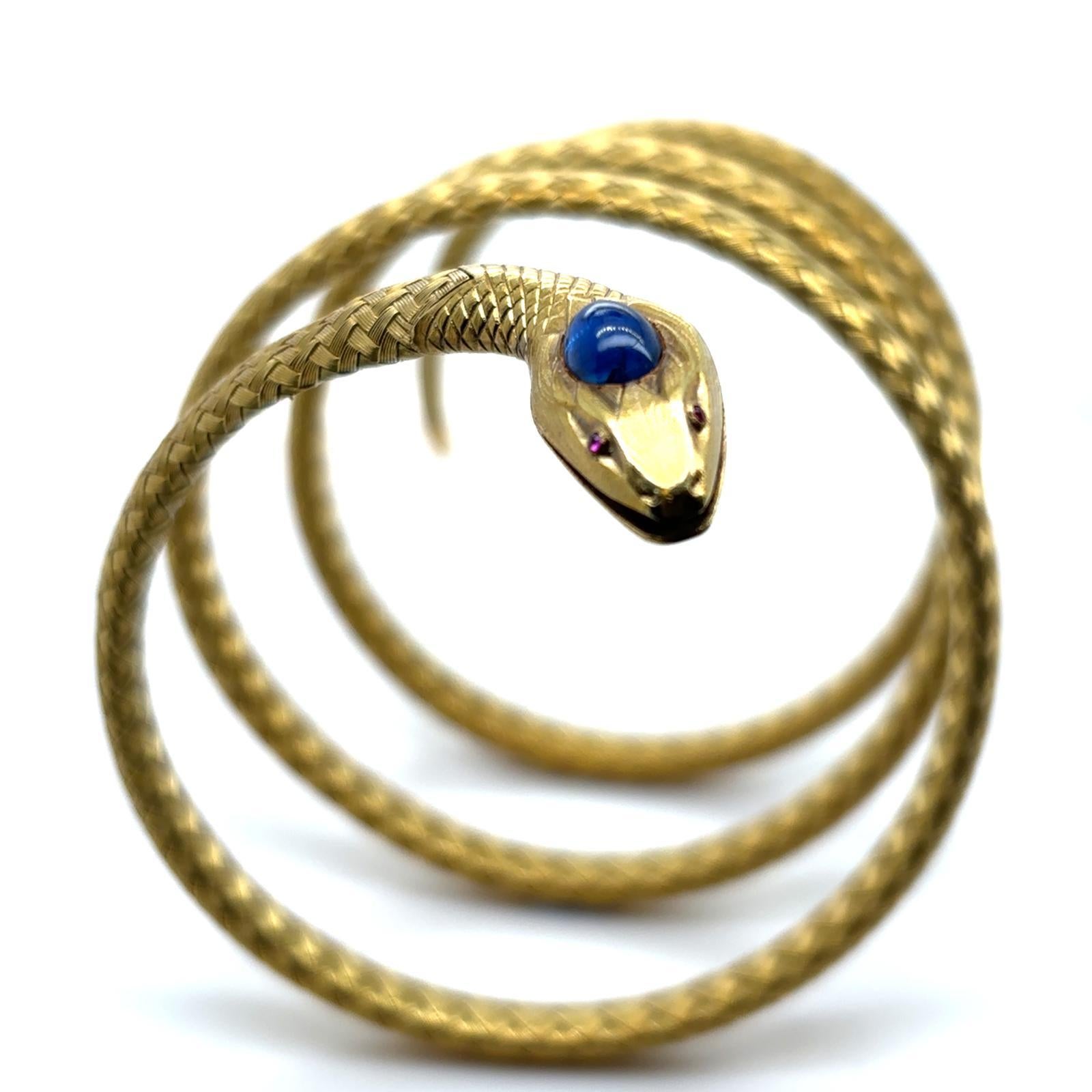 Vintage Sapphire Ruby 18 Karat Yellow Gold Snake Triple Coil Flexible Bracelet For Sale 2