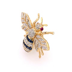 Vintage Sapphire, Ruby, and Diamond Yellow Gold Bee Pin Brooch
