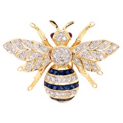 Vintage Sapphire, Ruby, and Diamond Yellow Gold Bee Pin Brooch