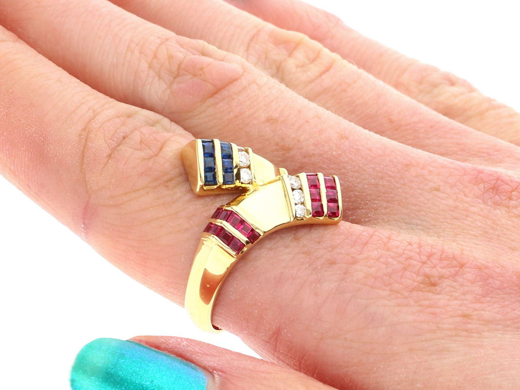 Vintage Sapphire, Ruby and Diamond Yellow Gold Twist Ring For Sale 5