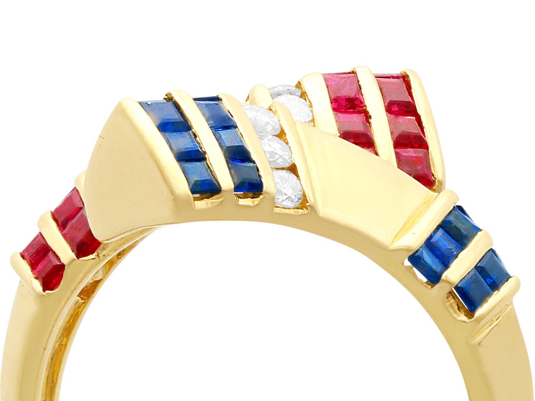 Square Cut Vintage Sapphire, Ruby and Diamond Yellow Gold Twist Ring For Sale