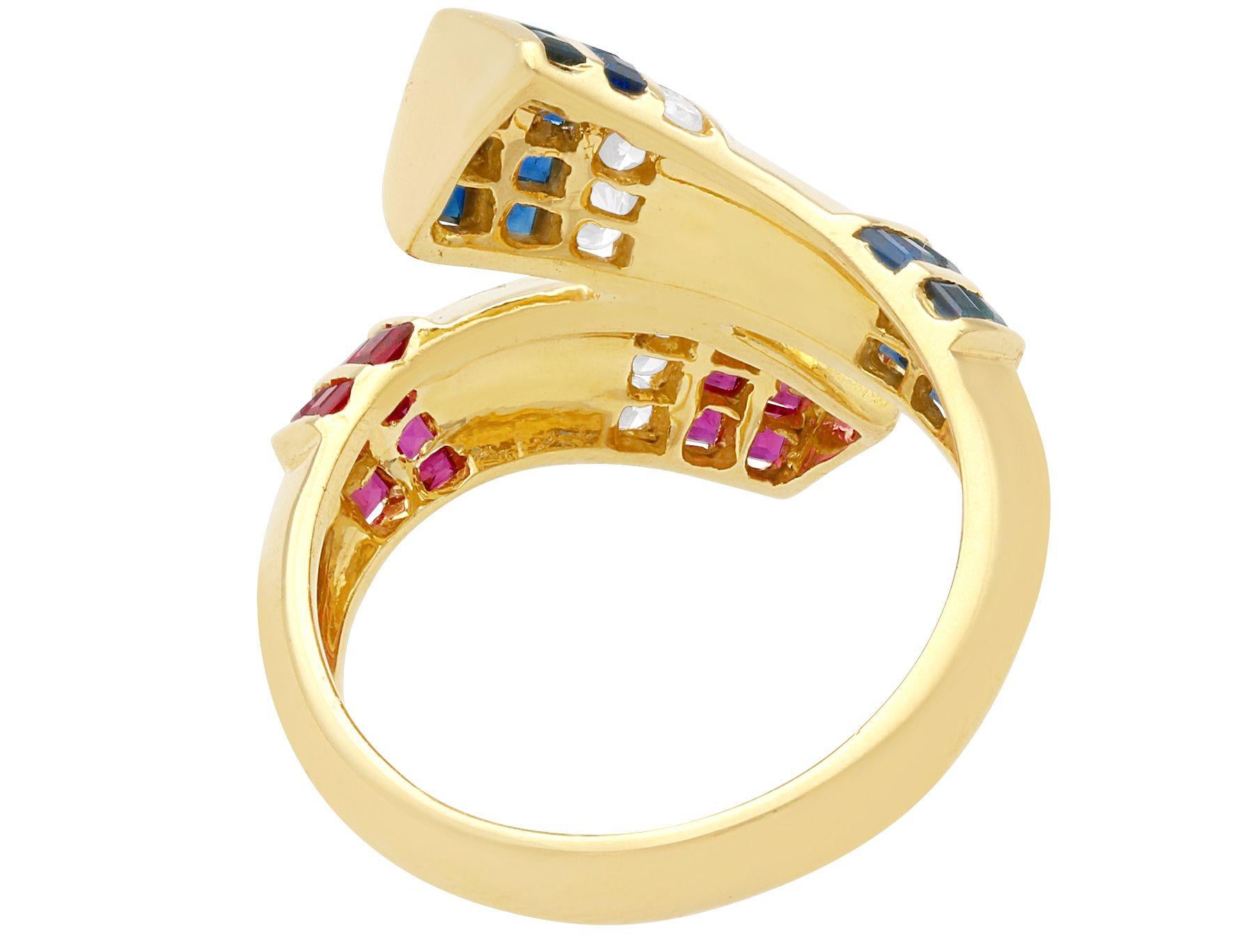 Women's or Men's Vintage Sapphire, Ruby and Diamond Yellow Gold Twist Ring For Sale