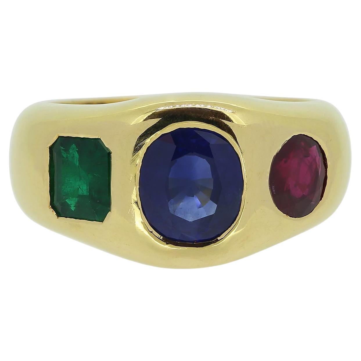 Vintage Sapphire Ruby and Emerald Three-Stone Ring