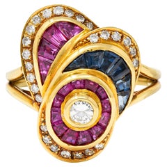 Vintage Sapphire Ruby Diamond 18 Karat Yellow Gold Gemstone Ring