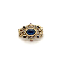 Vintage Sapphire Ruby Diamond & 18k Yellow Gold Chain Design Moveable Ring 1980s