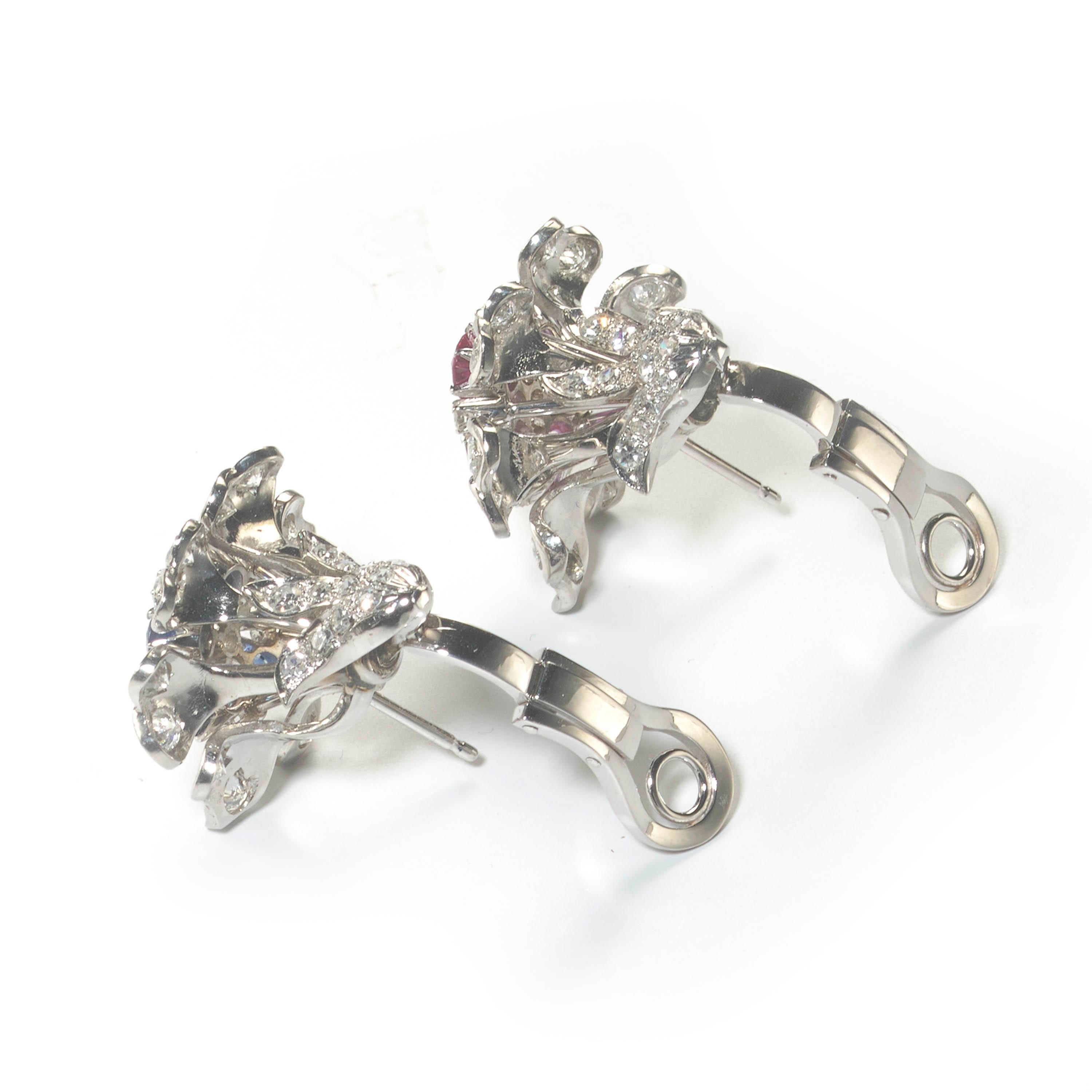 Brilliant Cut Vintage Sapphire, Ruby, Diamond and Platinum Flower Earrings For Sale