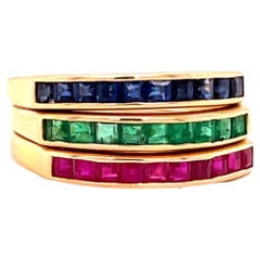 Vintage Sapphire Ruby Emerald 18k Gold Band Ring Set