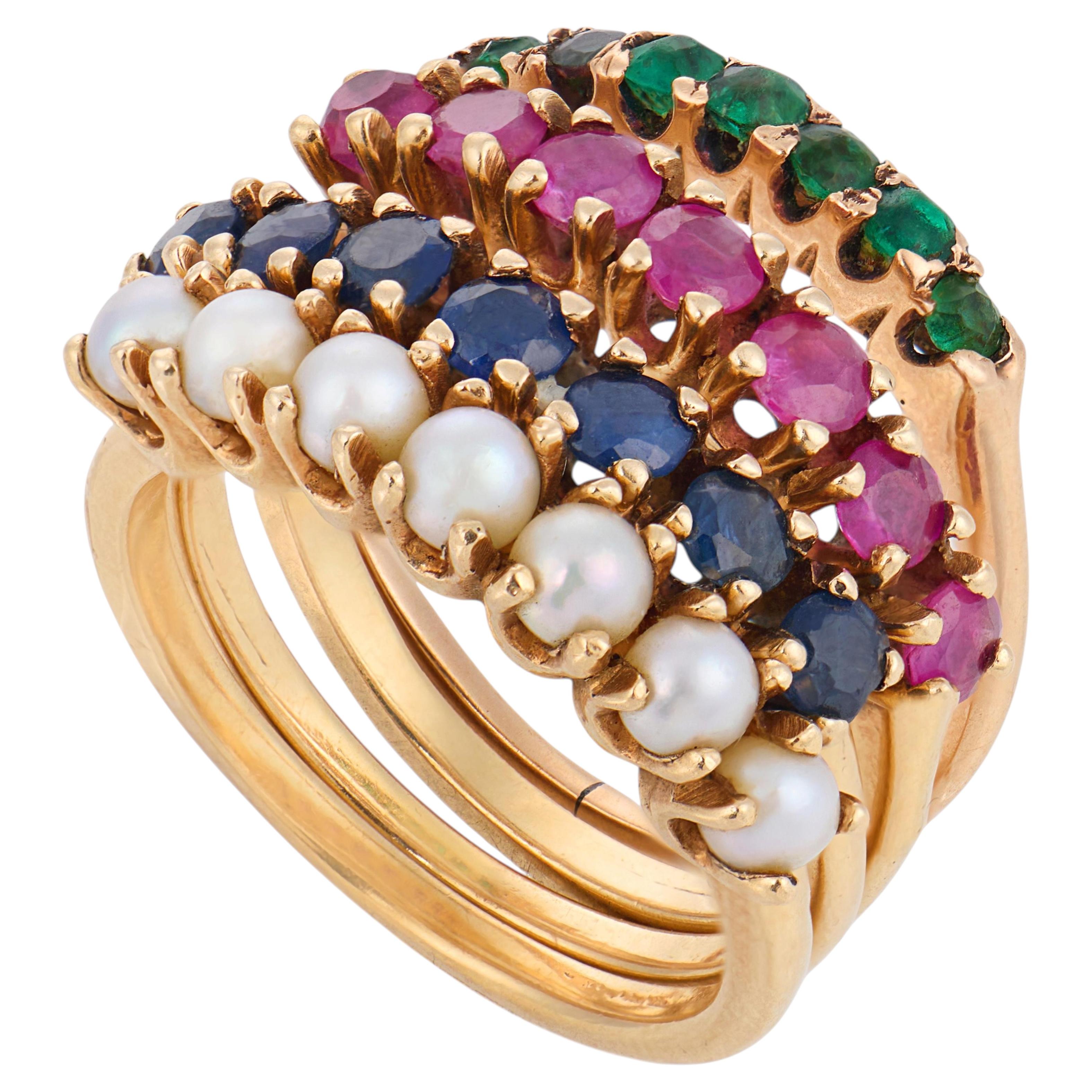 Bague vintage à plusieurs anneaux en or jaune 14 carats, sertie de saphirs, de rubis, d'émeraudes et de perles