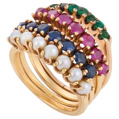 Anello vintage a più fasce in oro giallo 14k con zaffiro, rubino, smeraldo e perla