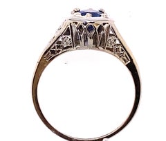 Vintage Sapphire Solitaire Engagement Ring .90ct Antique Deco 18K Flowers