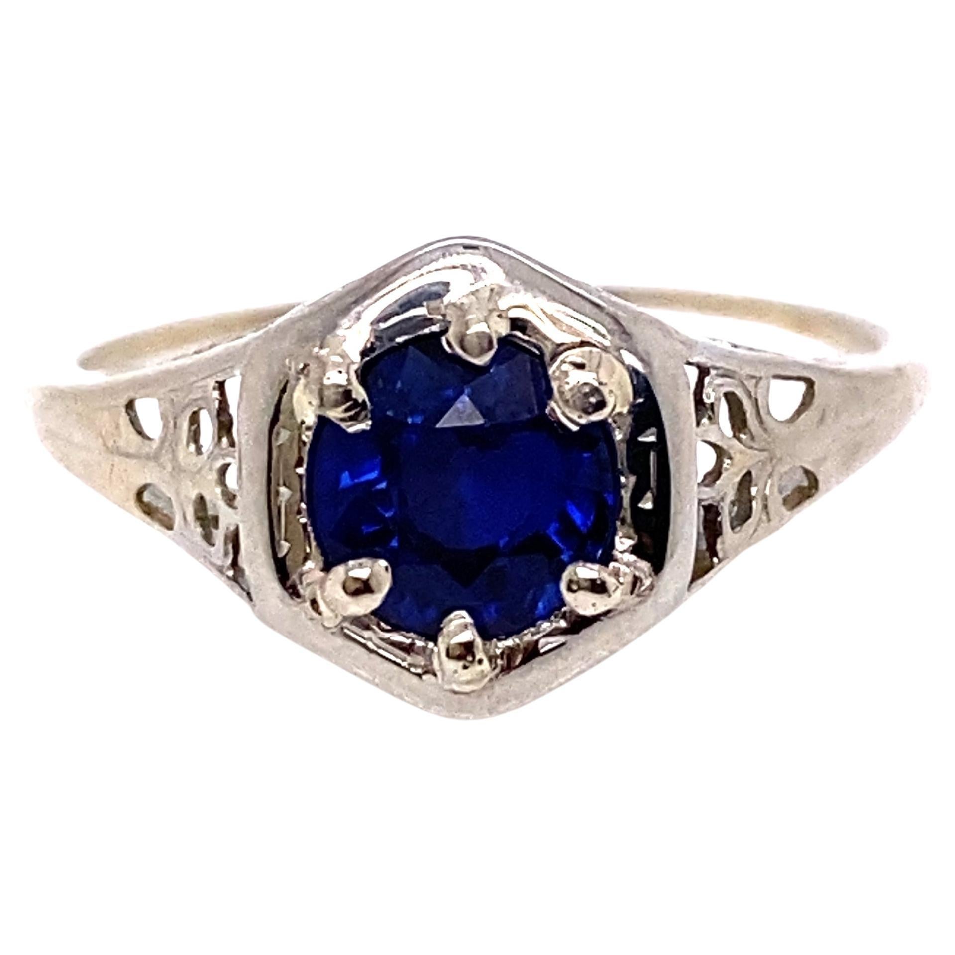 Vintage Sapphire Solitaire Engagement Ring .90ct Antique Deco 18K Flowers