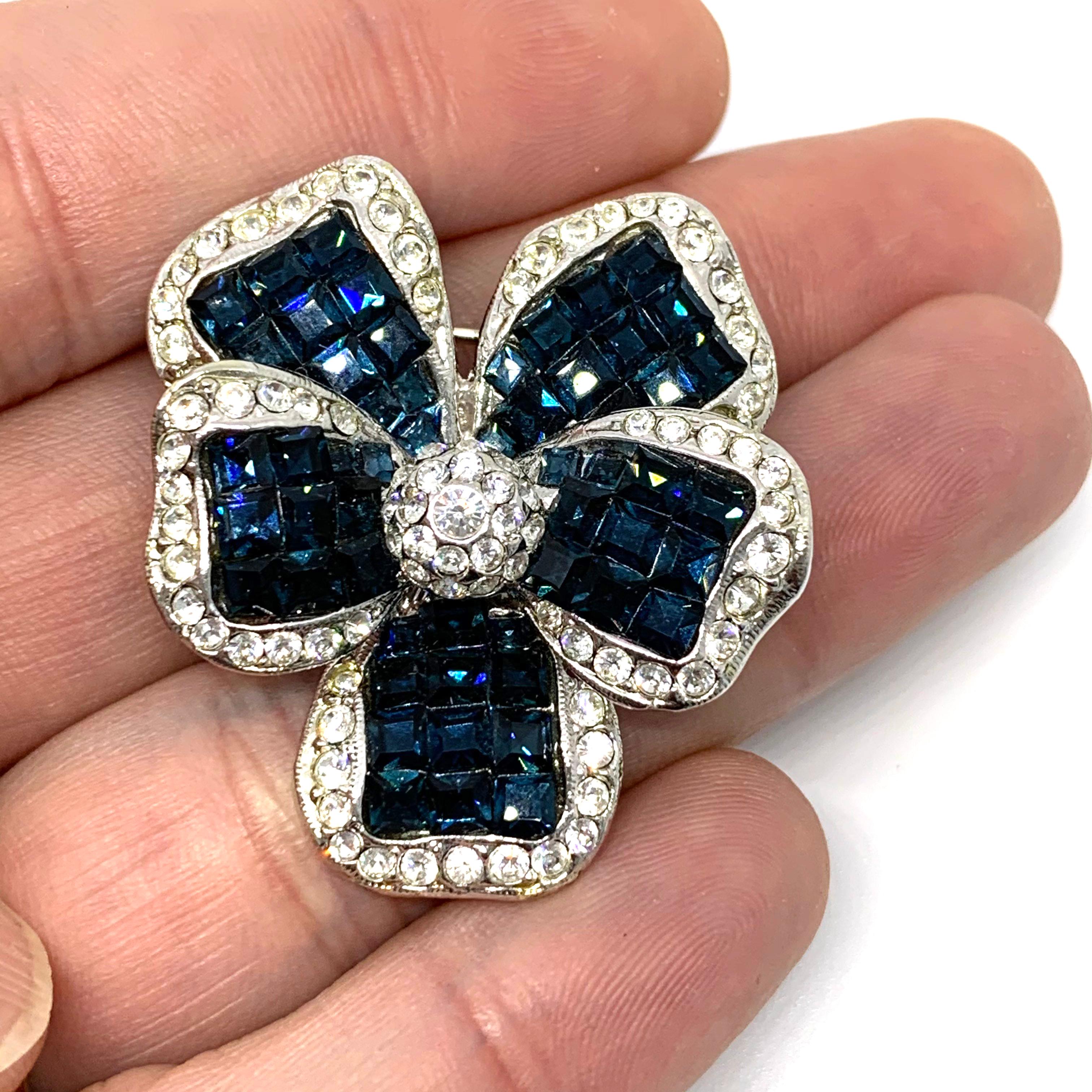 Mixed Cut Vintage Sapphire Swarovski Crystal Flower Brooch