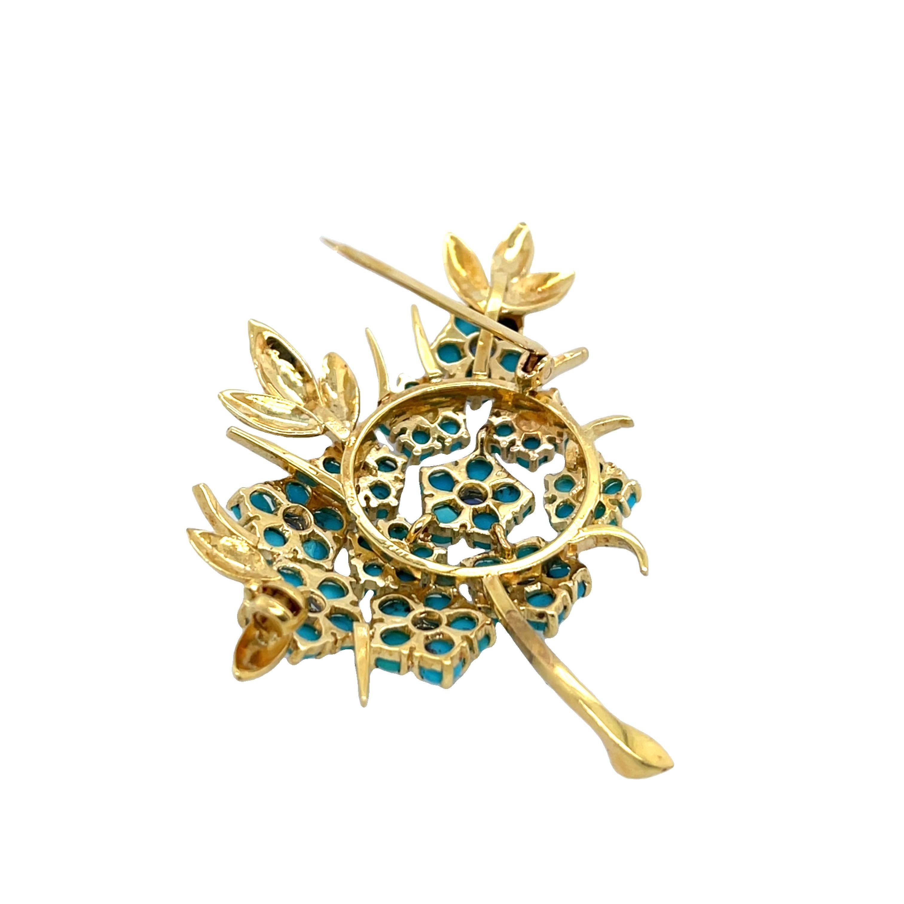 Taille ronde Broche vintage en saphir et turquoise, sertie en or jaune 18ct en vente