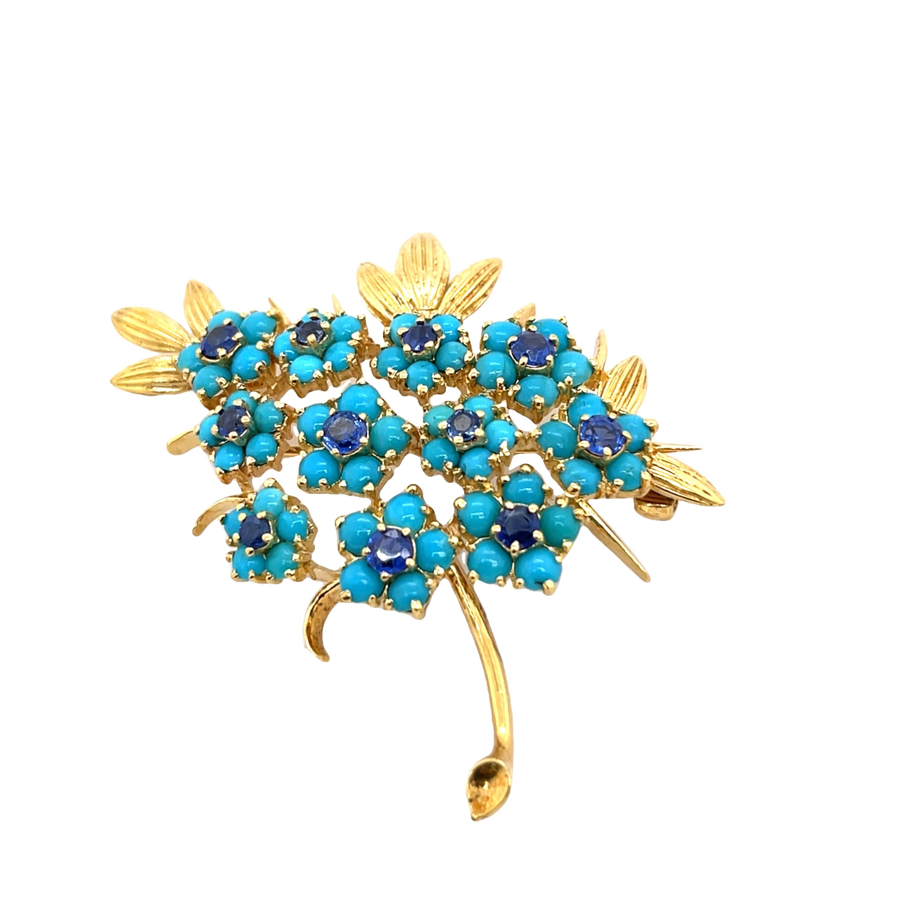 Broche vintage en saphir et turquoise, sertie en or jaune 18ct Excellent état - En vente à London, GB