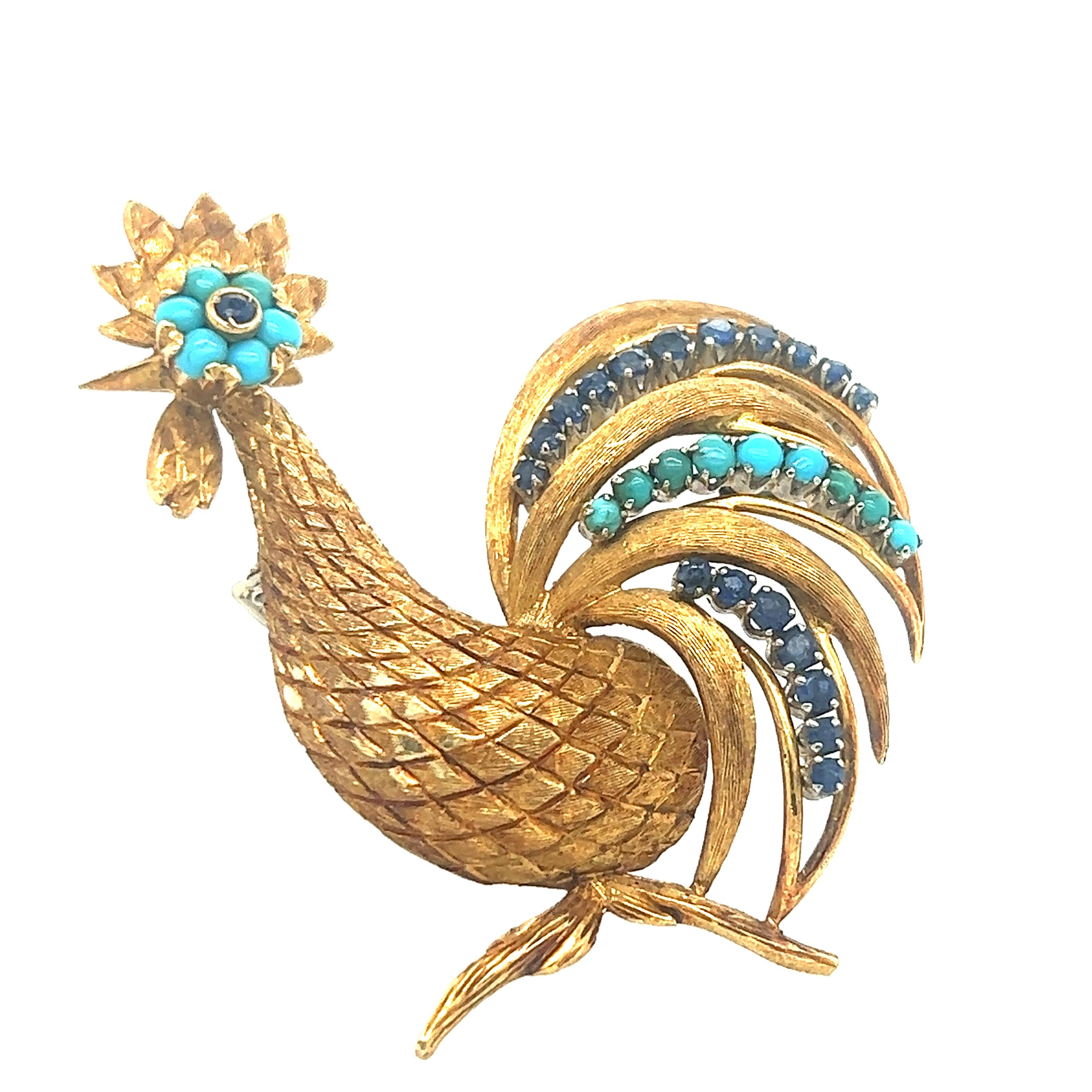 Retro Vintage Sapphire & Turquoise Gemstone Rooster Brooch 18k Yellow Gold For Sale