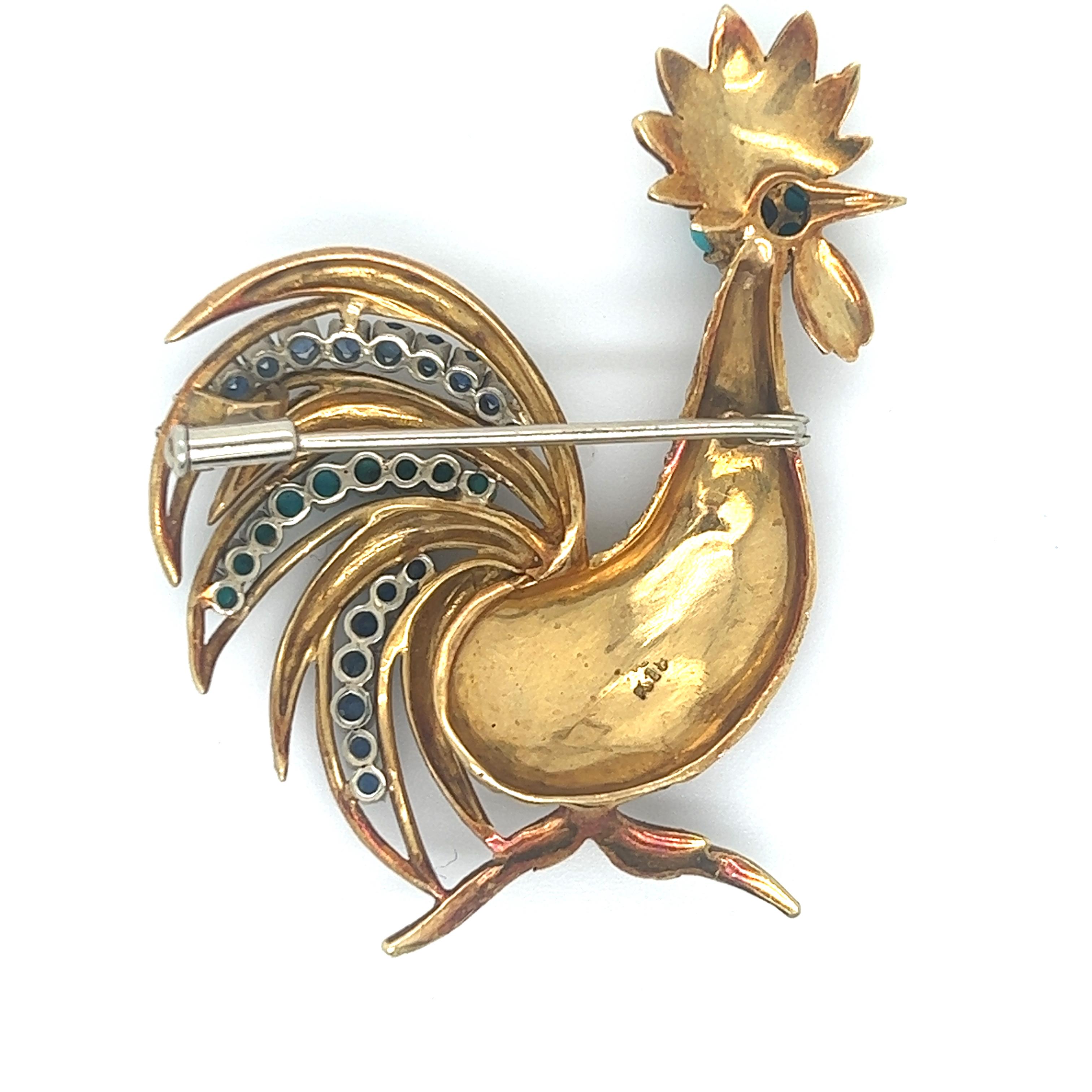 Old Mine Cut Vintage Sapphire & Turquoise Gemstone Rooster Brooch 18k Yellow Gold For Sale