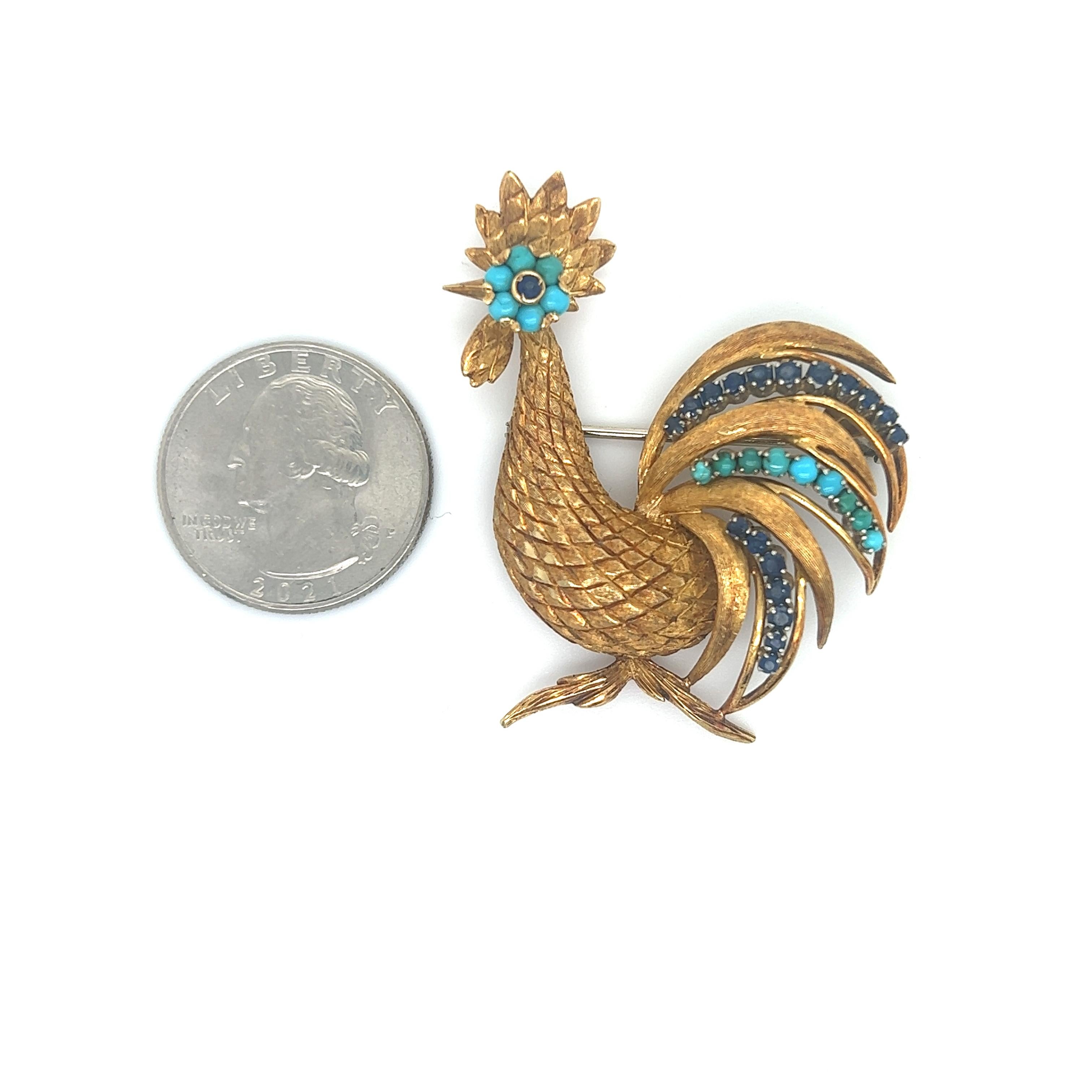 Vintage Sapphire & Turquoise Gemstone Rooster Brooch 18k Yellow Gold In Good Condition For Sale In MIAMI, FL