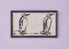 Vintage Sarah Becker Wall Embroidery of Penguins in Antique Frame, Denmark, 2011
