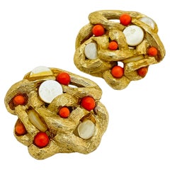 Vintage SARAH COVENTRY gold faux coral pearl clip on earrings