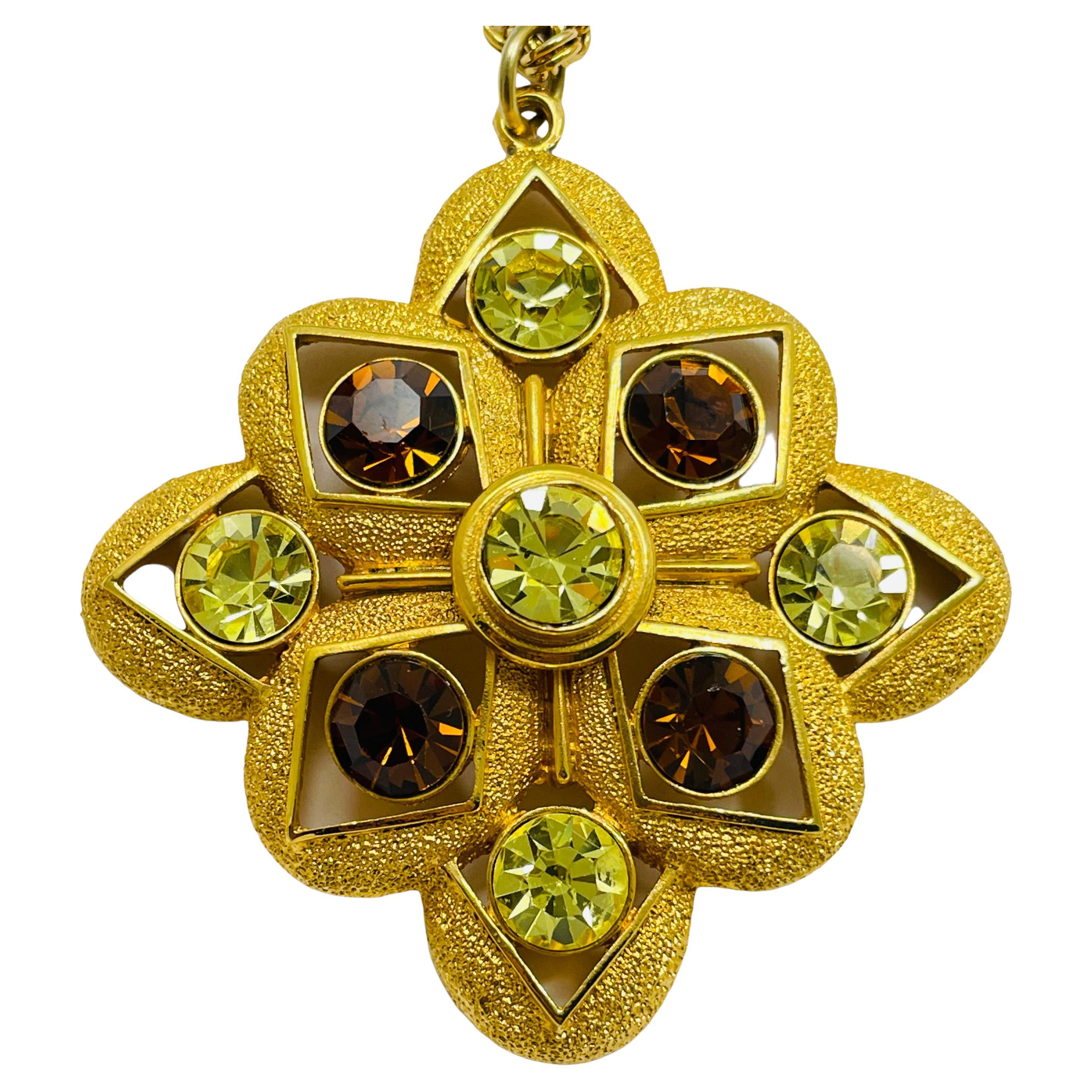 Vintage SARAH COVENTRY gold rhinestone cross designer runway necklace For Sale