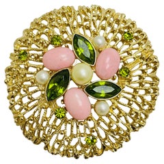 SARAH COVENTRY, broche vintage signée, de couleur or avec strass et perles