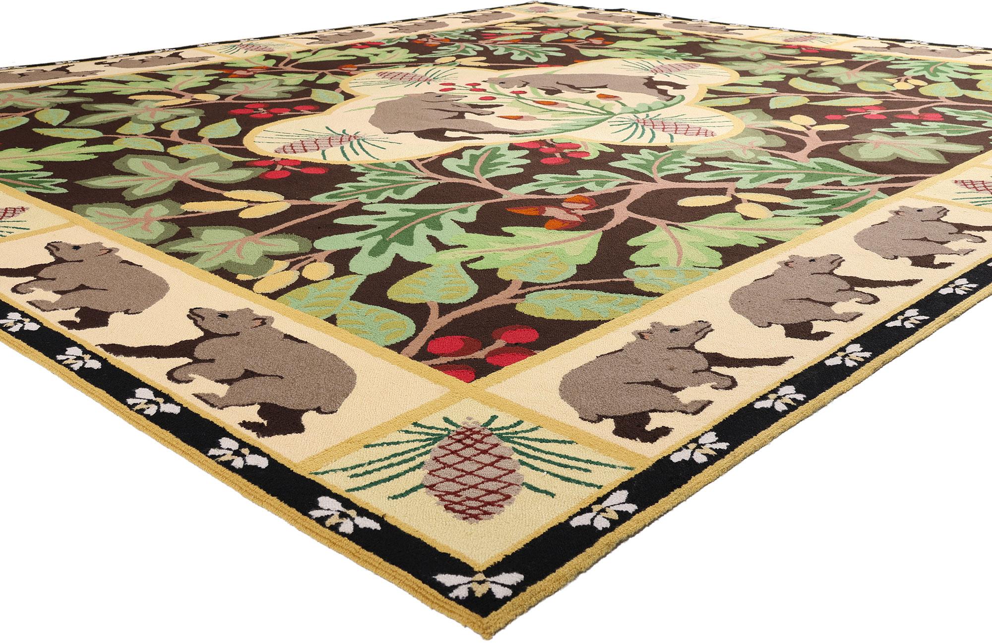 79239 Vintage Sarah Gayle Carter Black Forest Hooked Rug, 13'00 x 15'00. This vintage Sarah Gayle Carter “Black Forest” rug is a rare harmony of cottagecore charm and Art Nouveau elegance, a hand-hooked woodland reverie rendered in pure New Zealand