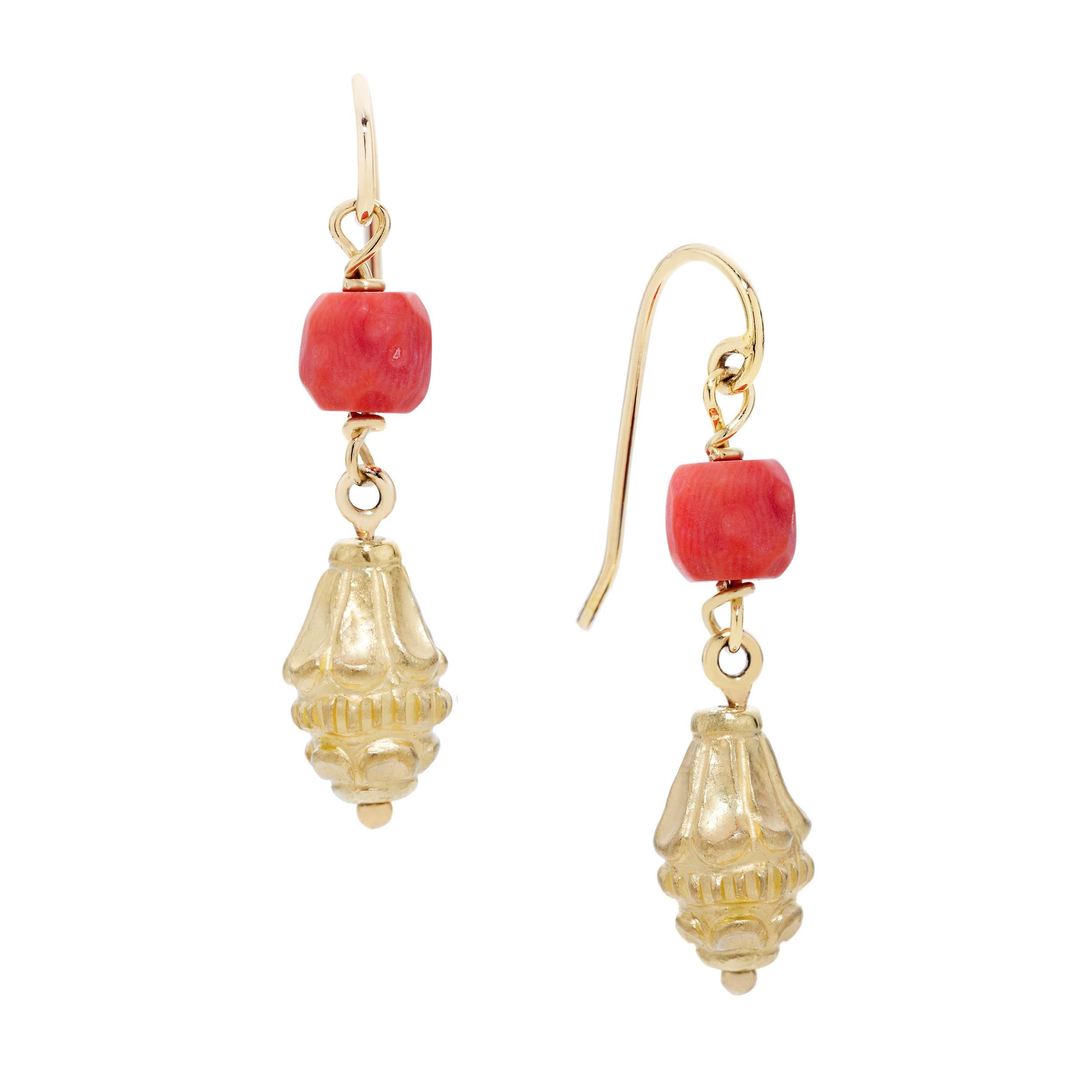 These earrings were created to coordinate with an incredible signed necklace that can be found on another listing.  The Vintage Salmon-colored faceted barrel-shape Coral Beads are approximately 6.5 mm in width and 6.15 mm in length.  The designer