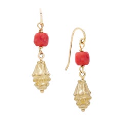 Vintage Sardinian Coral and Antique Egyptian Amulet Earrings in 22 & 18 Karat YG