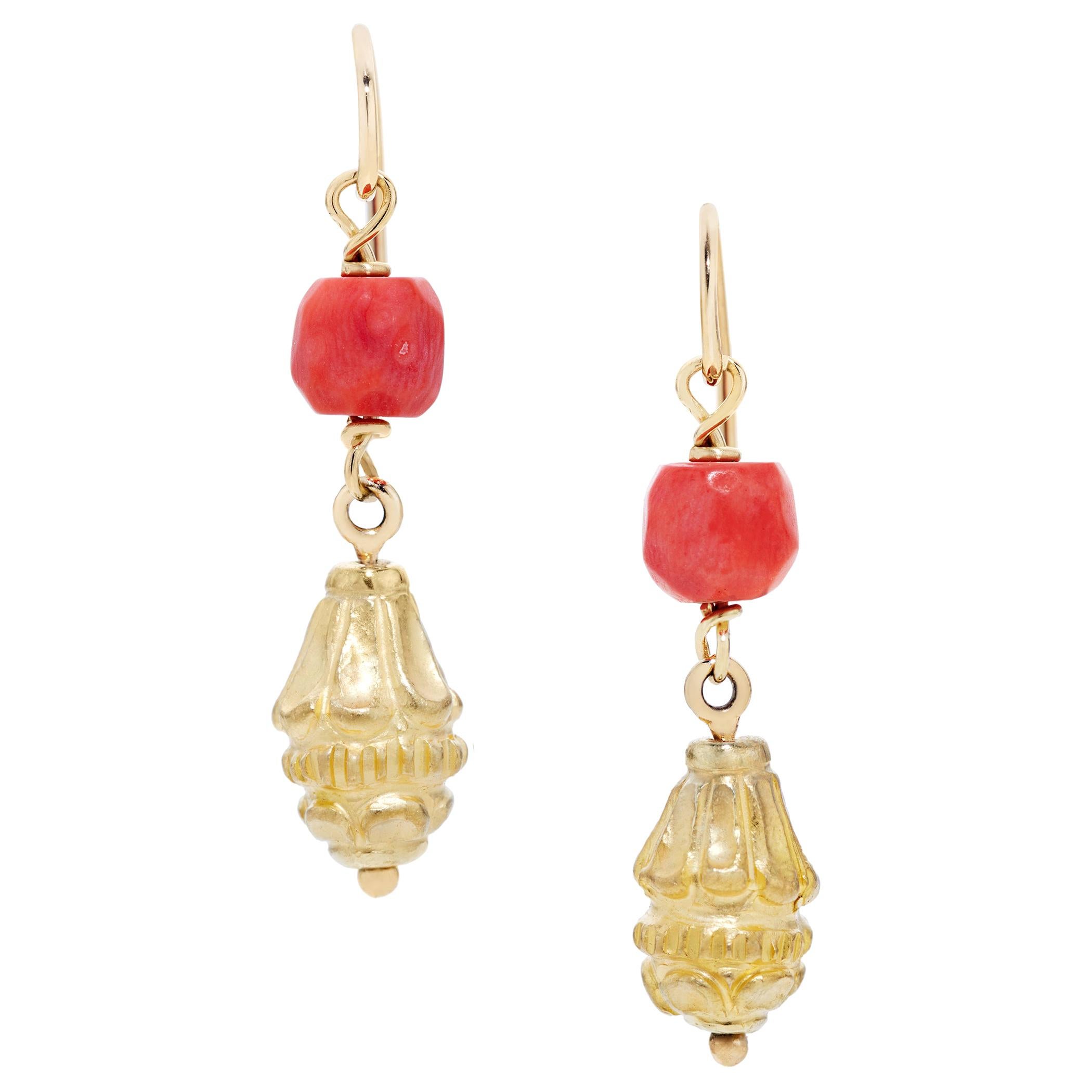 Vintage Sardinian Coral and Antique Egyptian Amulet Earrings in 22 & 18 Karat YG
