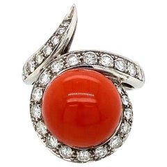 Vintage Sardinian Coral Diamond Gold Cocktail Ring