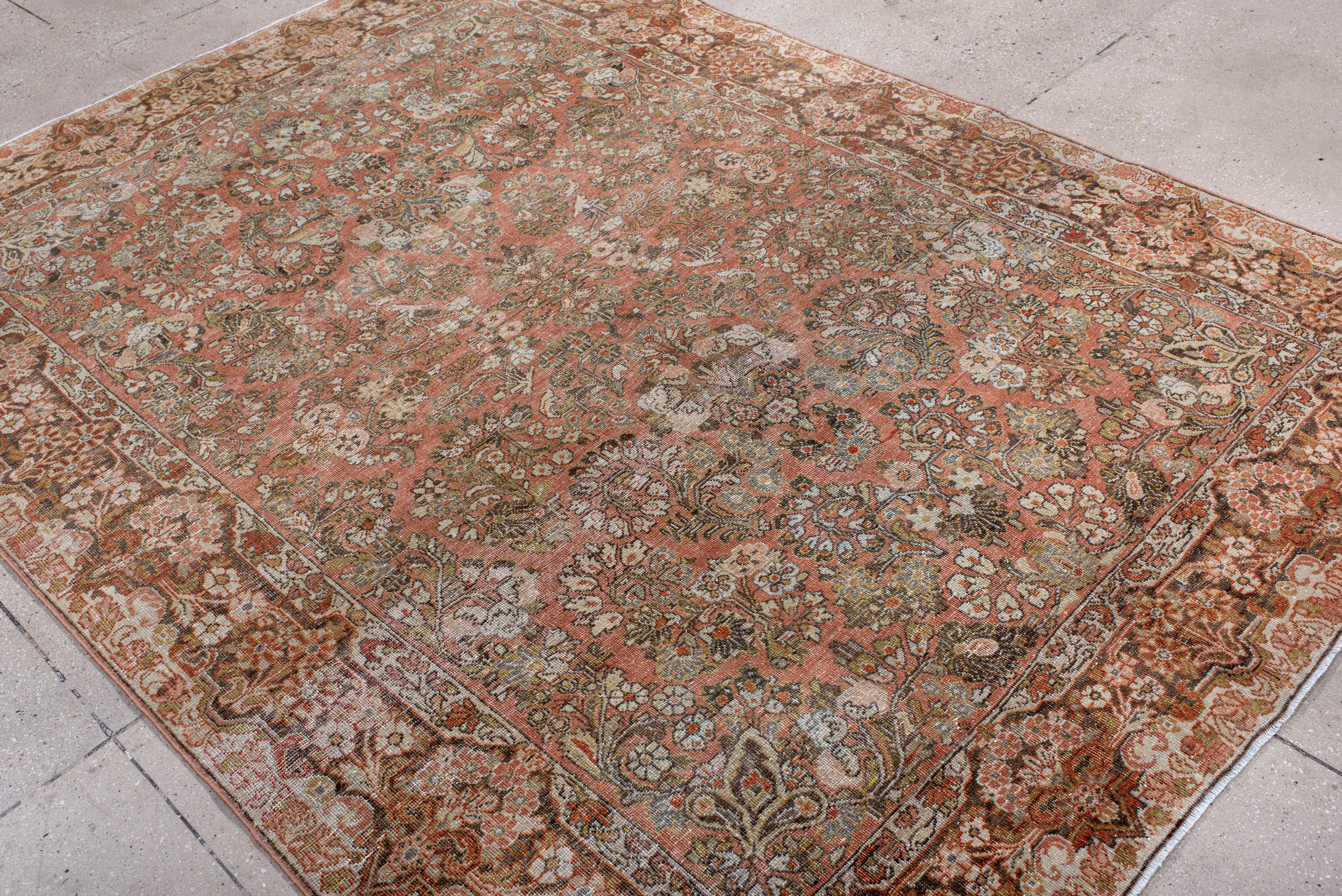 Su un fondo rosa tenue ravvivato da riflessi verde salvia e avorio e circondato da un bordo di protezione color ruggine, questo Sarouk vintage presenta una rete di viti a spirale intervallate da palmette stilizzate, rosette e boccioli di loto.