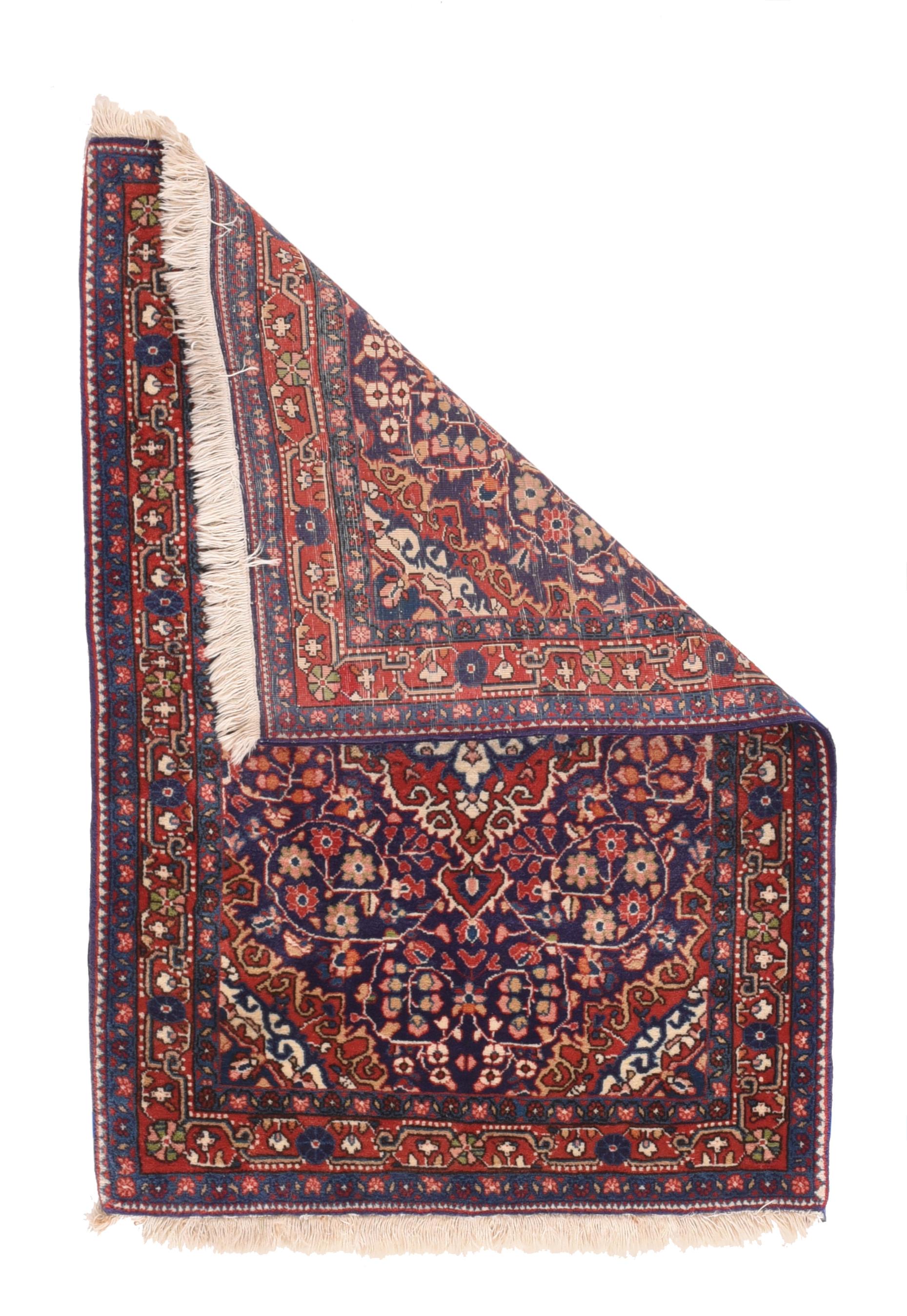 Vintage Sarouk Rug 2'3'' x 3'2''. This well-woven small scatter is woven in or around the village of Jozan, between the Hamadan and Arak weaving areas. The royal blue field shows a pendanted, curly-hooked red medallion with barbed ecru acanthus