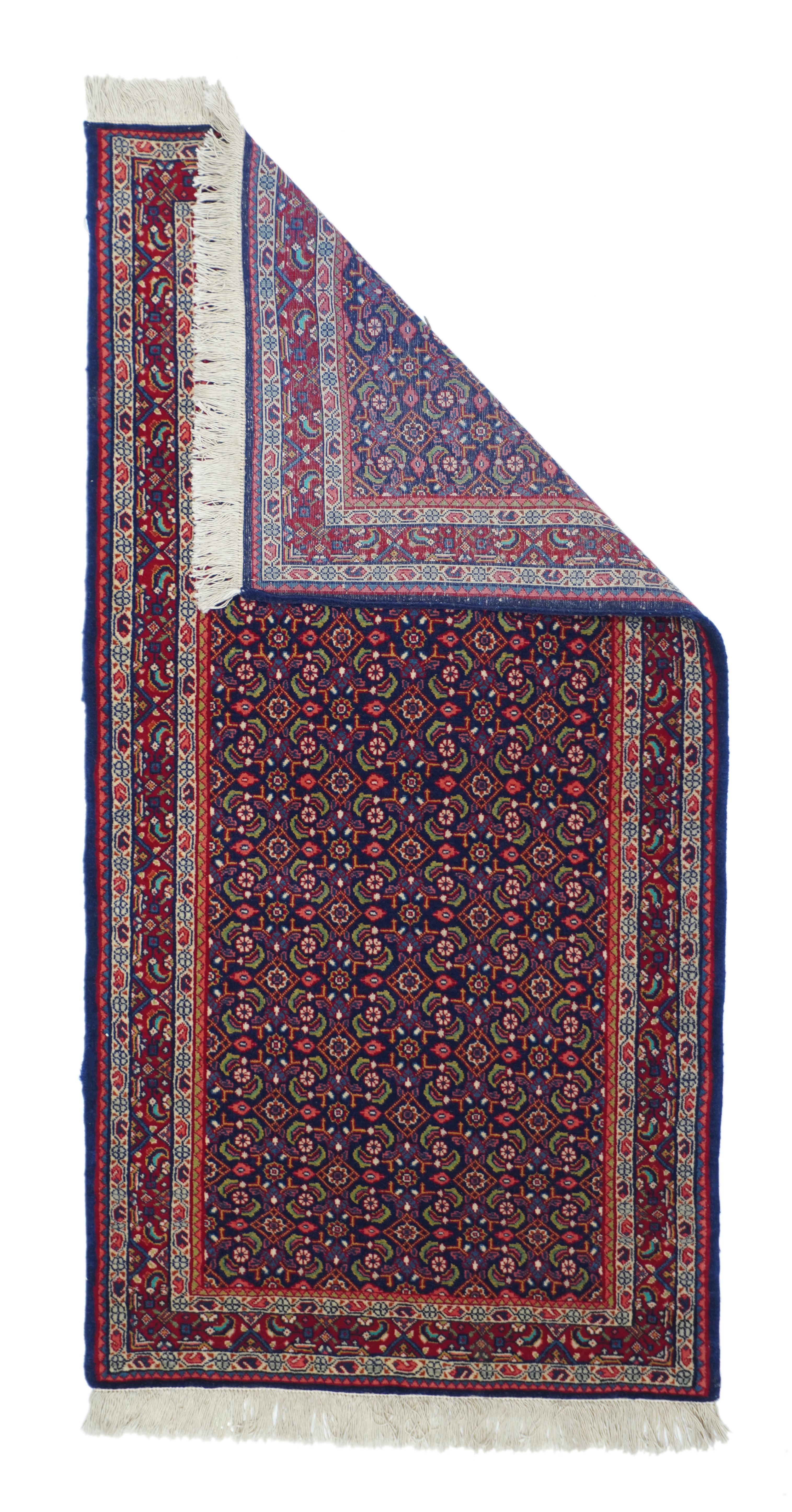 Vintage Sarouk rug 2'3'' x 4'5''. The very dark navy field hosts a close and even allover Herati design with ivory rosettes, open diamonds and fat, short curled leaves. Red border with boteh-