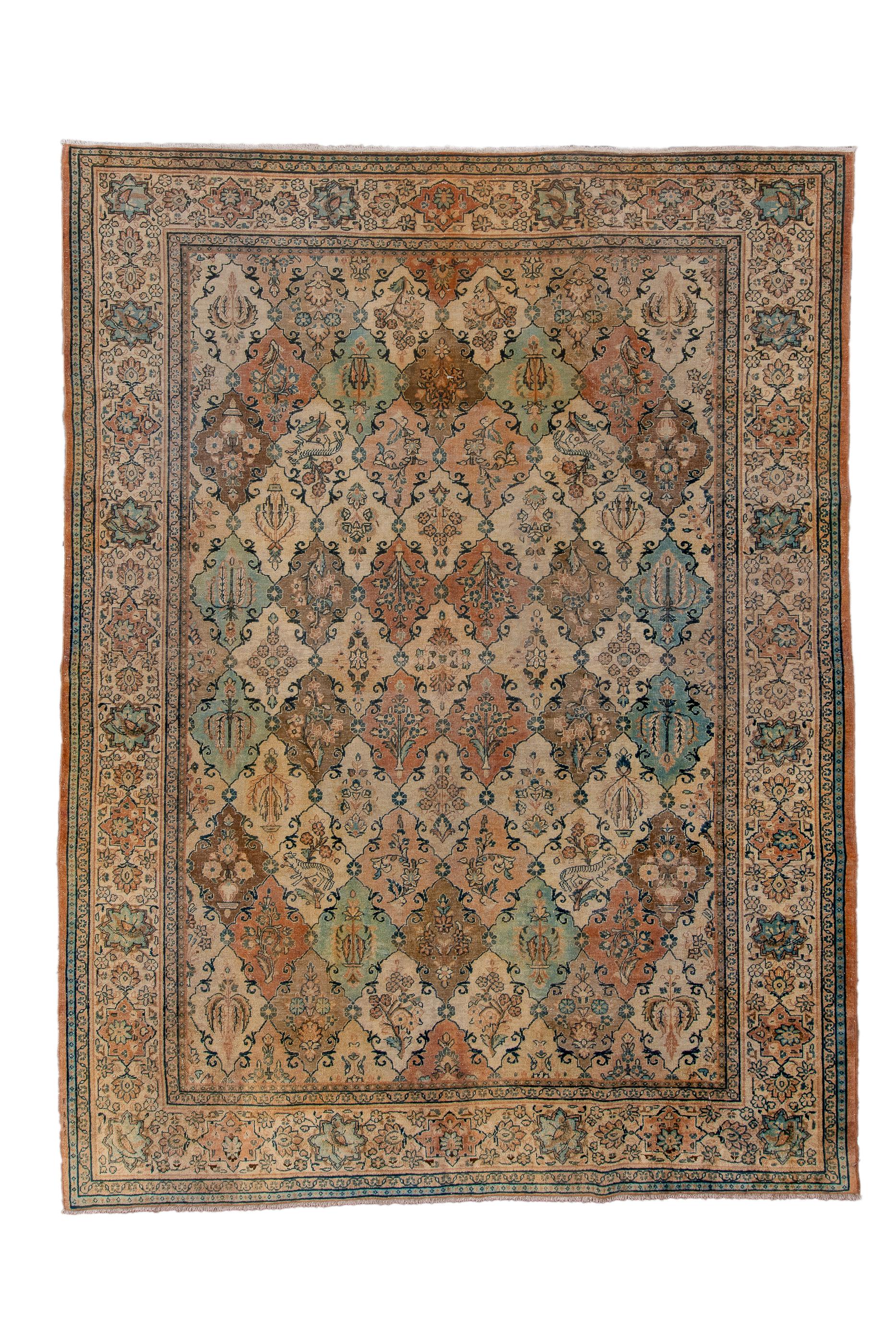 The straw-ivory field of this well-woven rustic carpet with urban pretensions, shows an allover pattern of colourful scrolling cartouches in a tile design.  Red, pink and light blue are among the cartouche tones.  Ivory border with octogrammes