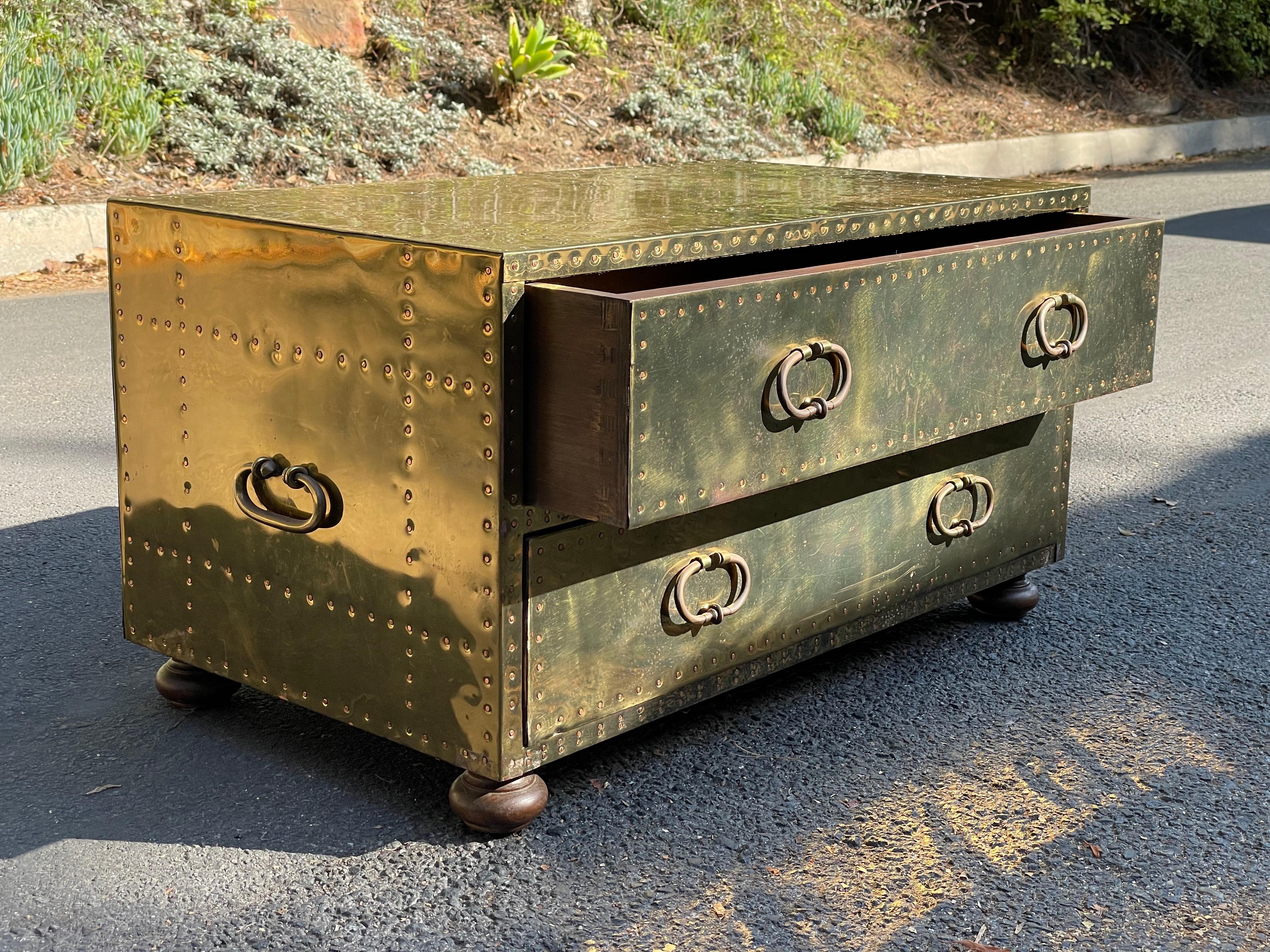 Vintage Sarreid Brass Cocktail Table Chest of Drawers, circa 1970s In Good Condition In Los Angeles, CA