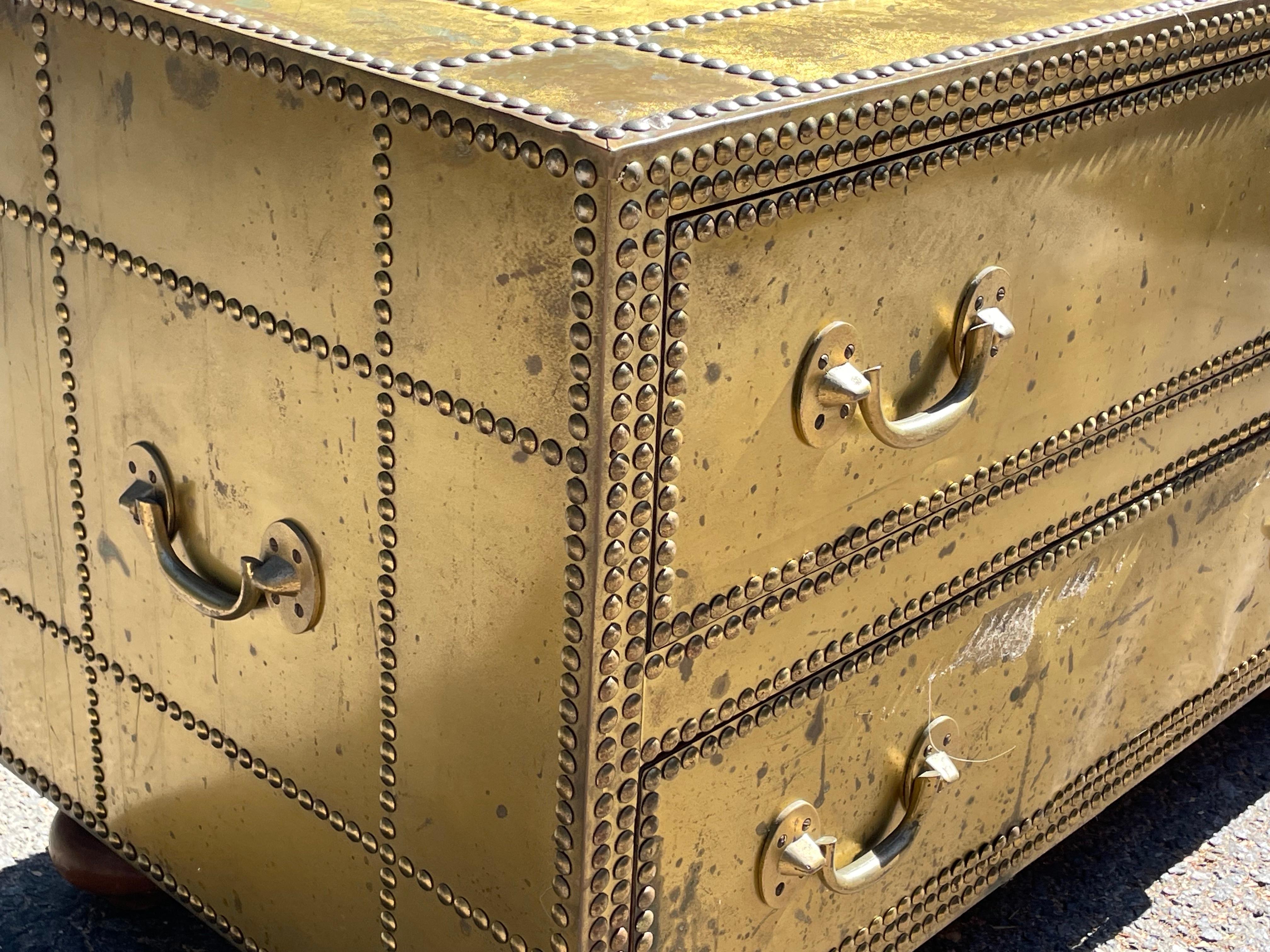 Spanish Vintage Sarreid Brass Cocktail Table Chest of Drawers, circa 1970s For Sale