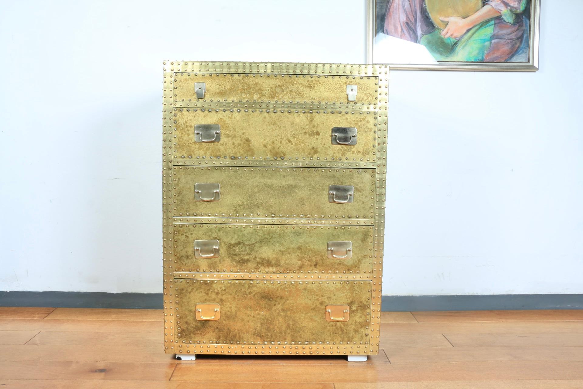Mid-Century Modern Vintage Sarreid Brass Highboy Dresser For Sale